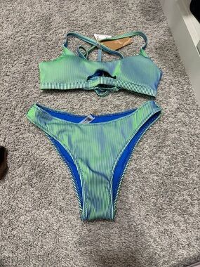 Green & Blue Striped Tie-Front Bikini Set - Women